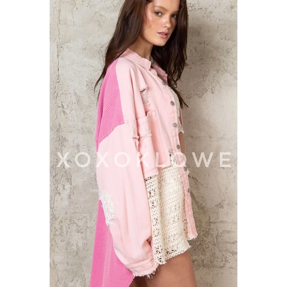 LAST ONE POL Pink Patchwork Button Down Crochet Lace Denim Oversized Fit - Picture 7 of 15